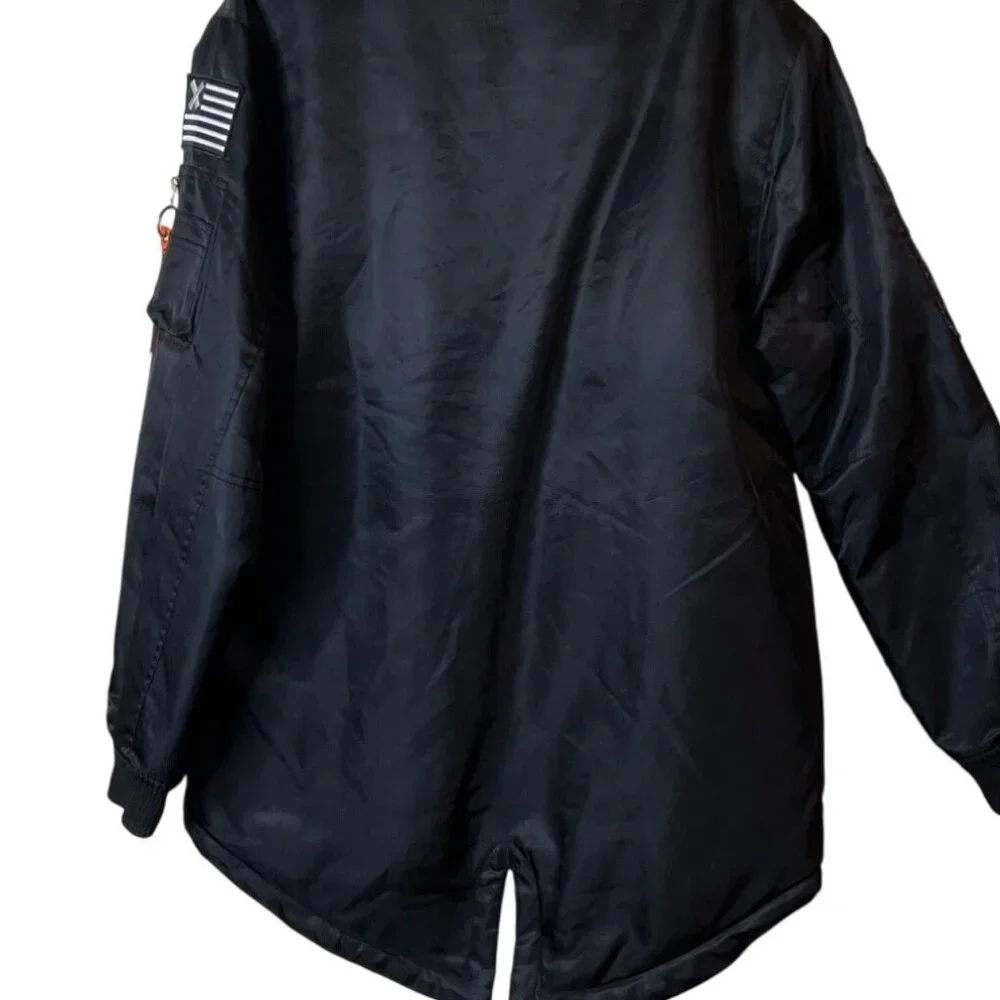 Victorious Black Military-Style Bomber Jacket Air Force Patches Ribbed Collar & - Picture 2 of 6